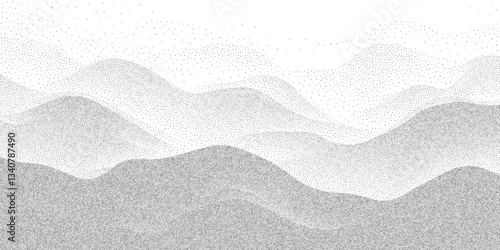 Monochrome background with gritty pattern, abstract wave gradient, and grainy overlay. Vector illustration of noise stipple, sand halftone texture, and digital grain glitch art.