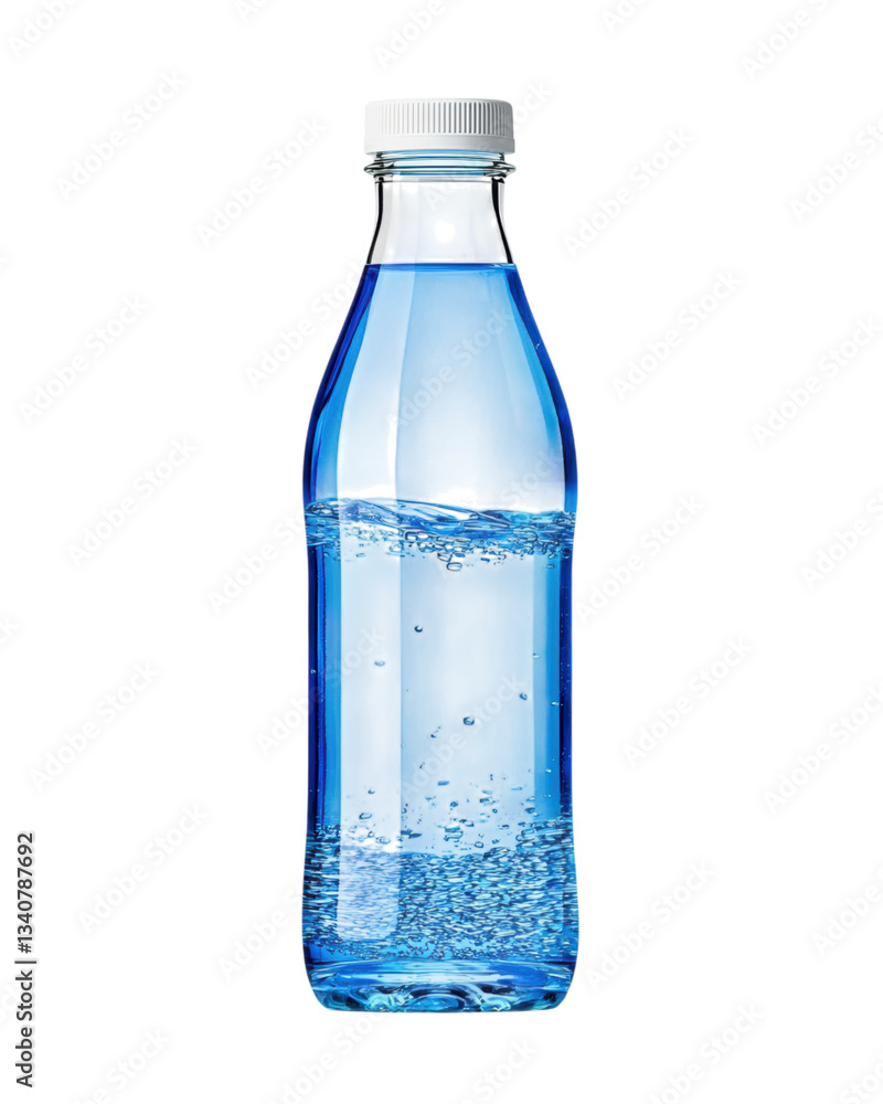 isolated transparent Background. clear glass bottle filled with clean blue liquid, sealed with white cap isolated transparent Background. clear glass bottle filled with clean blue liquid, sealed with white cap