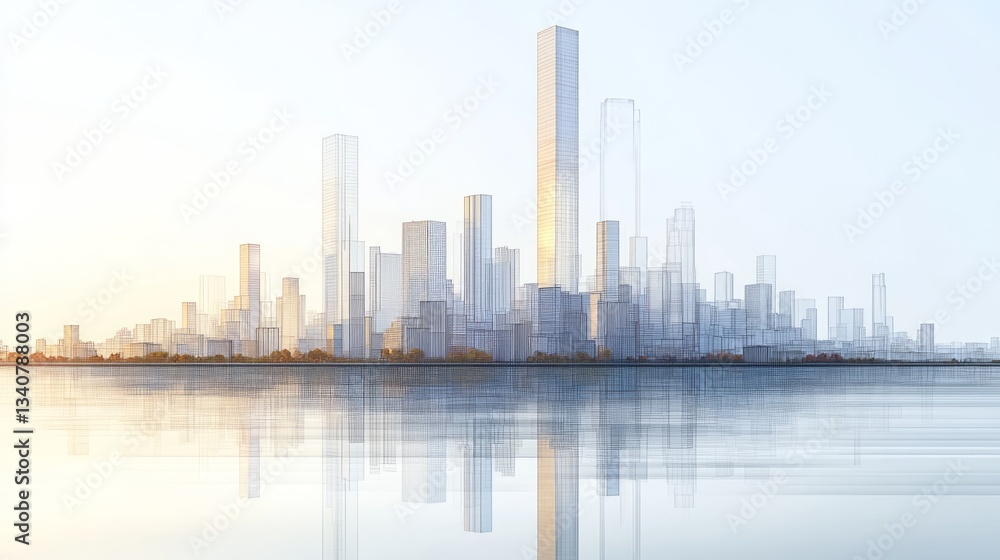 Fototapeta premium Conceptual skyline depicts city buildings reflected in serene water