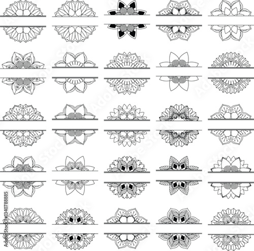 Non Generative AI Images. Set of 25 Split Mandala Vector, decorative, symmetrical, perfect for monograms, logos, engravings, stickers, printing, and digital art.