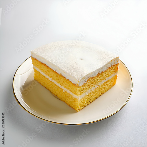 A Delectable Three-layered Cake, Boasting A Fluffy Vanilla Cream Frosting And Delicate Golden Sponge, Rests Invitingly On An Elegant Plate