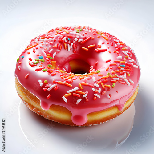 A Delectable Pink Donut, Generously Glazed And Sprinkled With Rainbow Jimmies, A Tempting Treat For Any Sweet Craving, Photographed On A Pristine White Surface With Bright, Studio Lighting