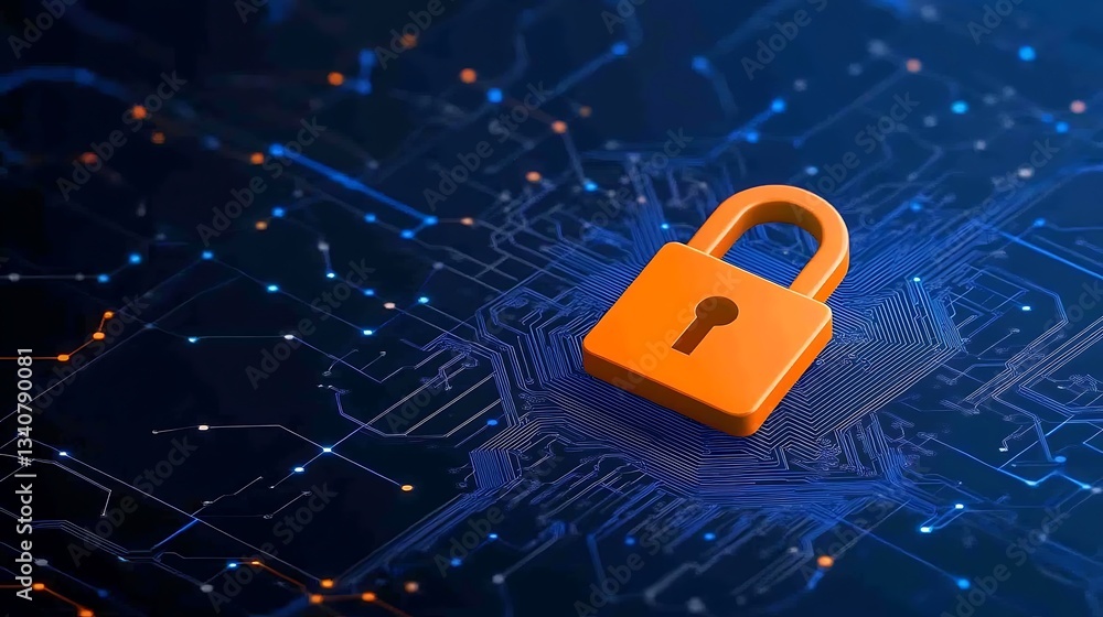 Digital Security Concept with Orange Padlock on Circuit Board Background Representing Cyber Protection Systems Digital Security Concept with Orange Padlock on Circuit Board Background Representing Cyber Protection Systems