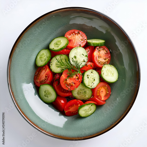 A Vibrant Summer Salad Of Juicy Tomatoes And Crisp Cucumbers, A Refreshing And Healthy Meal In A Rustic Teal Bowl
