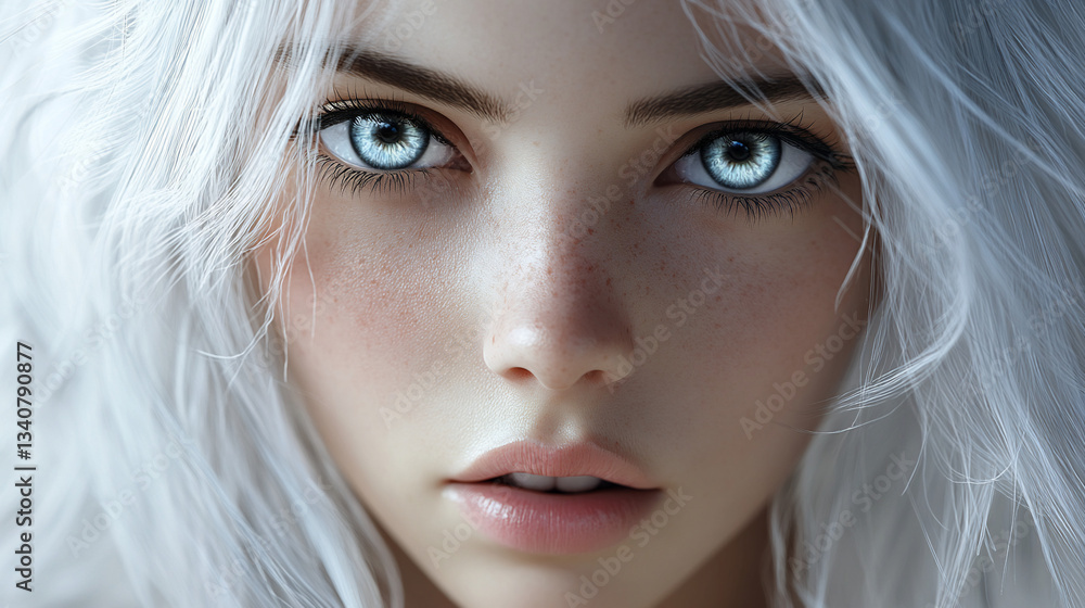 Close-up of a young woman with striking blue eyes and white hair. Close-up of a young woman with striking blue eyes and white hair.