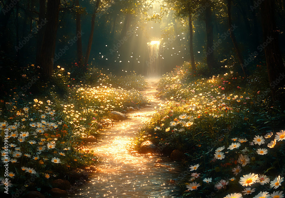 Obraz premium Sunlit Forest with a Winding Stream and Blooming Flowers