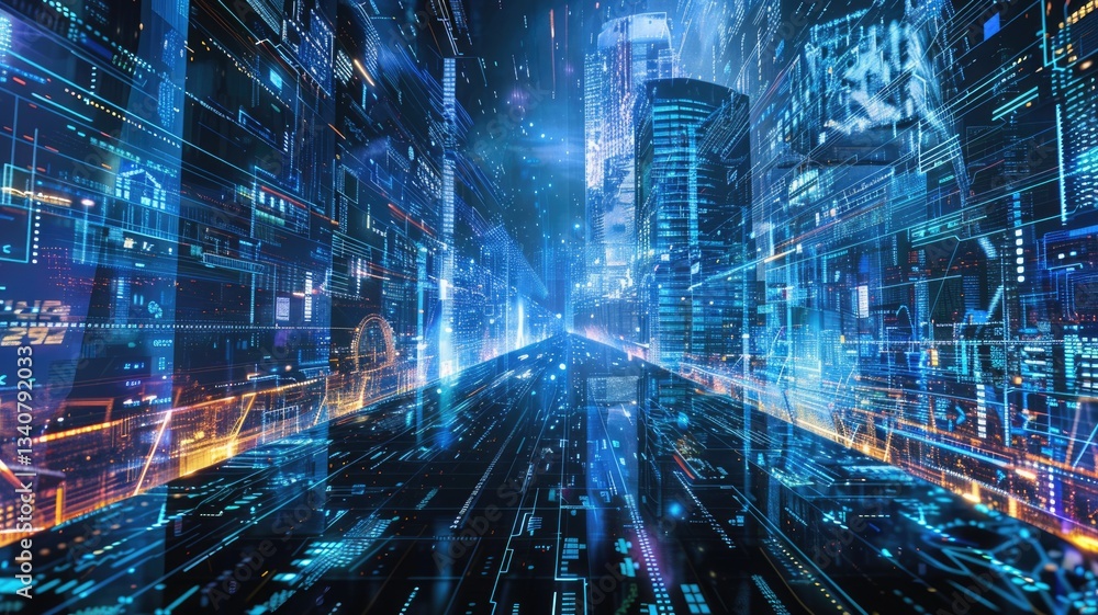 Obraz premium Abstract digital shape and particle technological cyber style design connecting become system shape of electronic designing. High tech scenery express mysterious pattern perfect for wallpaper. AIG53.