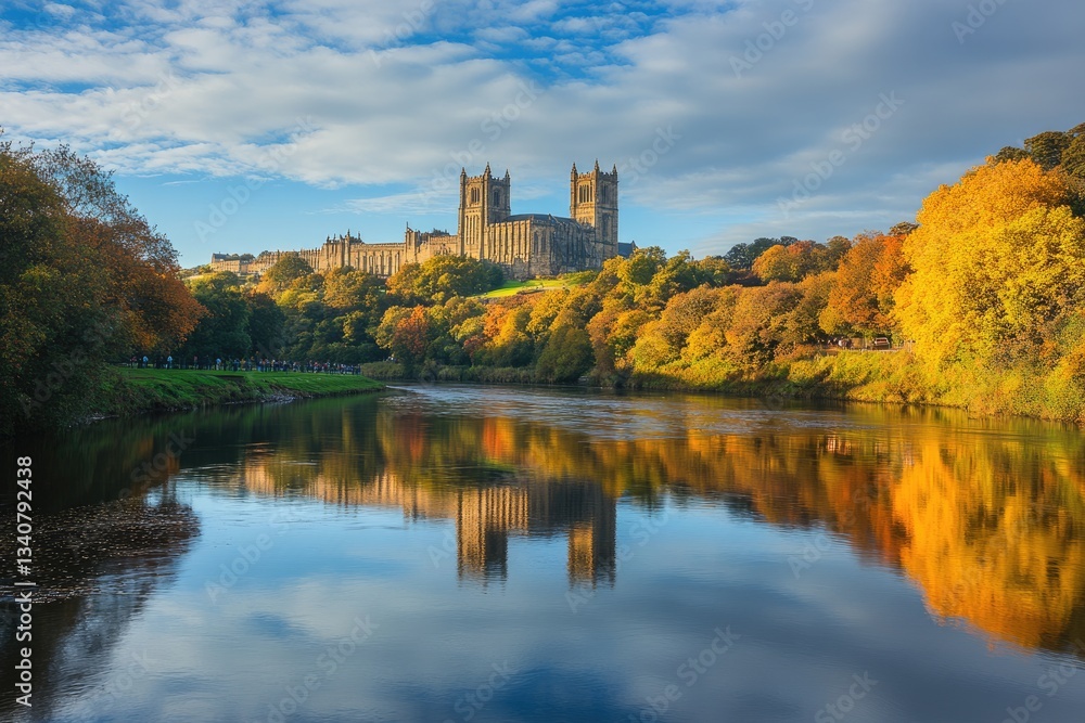 Fototapeta premium Durham Cathedral. Autumn Reflections in River Wear. North England Cityscape