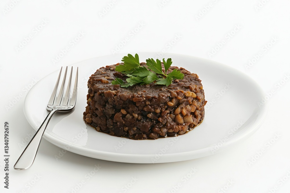 Elegant lentil cake served on plate with parsley garnish against white background studio setting Elegant lentil cake served on plate with parsley garnish against white background studio setting