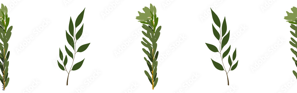 Green leaves border on a white background. Hand-drawn illustration. Perfect for spring and summer. Green leaves border on a white background. Hand-drawn illustration. Perfect for spring and summer.