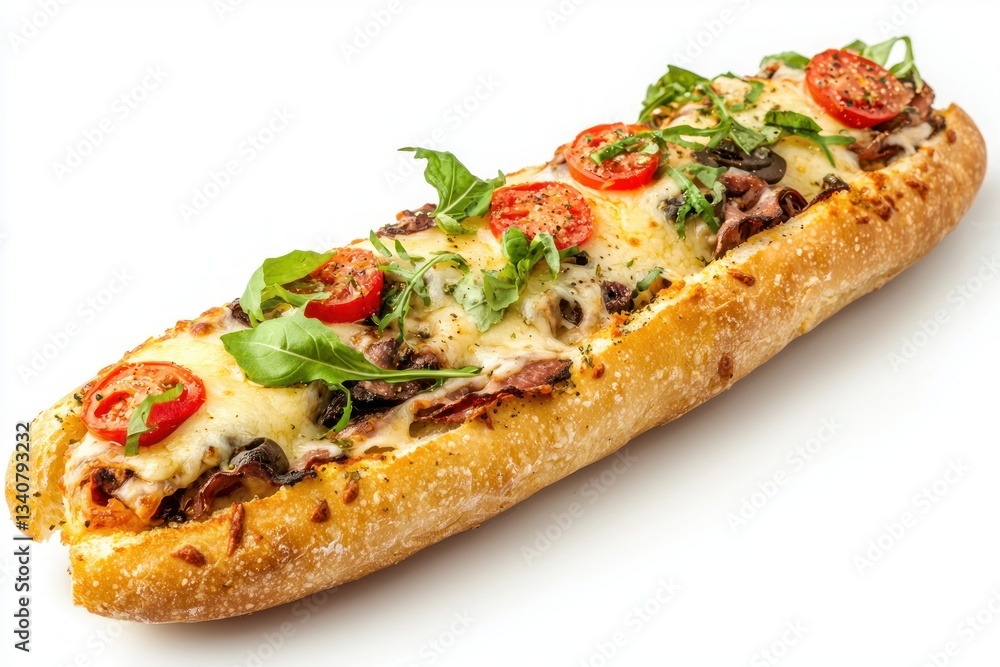 Delicious baguette pizza with melted cheese and colorful toppings isolated on white background Delicious baguette pizza with melted cheese and colorful toppings isolated on white background