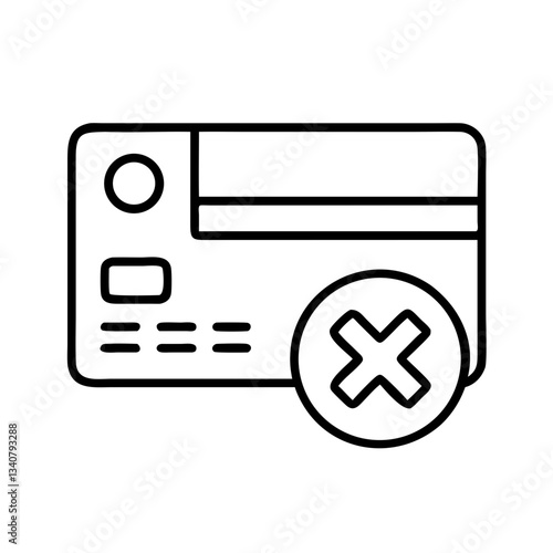 Credit card denial icon with cross symbol in black outline on white background