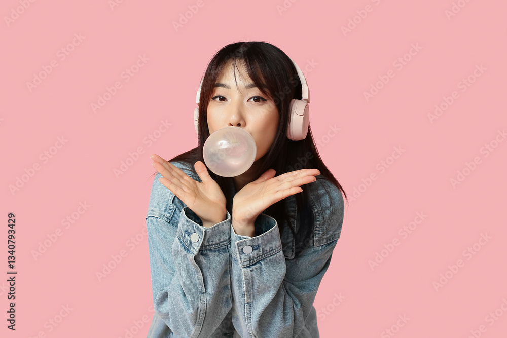 Pretty young Asian woman in headphones blowing bubble gum on pink background