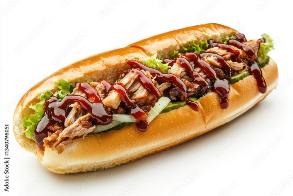 Appetizing pulled pork sandwich with barbecue sauce, served on a soft bun, on a plain white blackground, taken at eye level with bright mood. Appetizing pulled pork sandwich with barbecue sauce, served on a soft bun, on a plain white blackground, taken at eye level with bright mood.