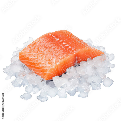 Fresh salmon fillet resting on a bed of ice cubes, showcasing its vibrant orange color and distinct texture, Transparent Background.
