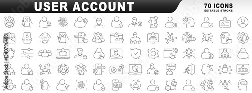 Big set of user account related line icons. Editable stroke