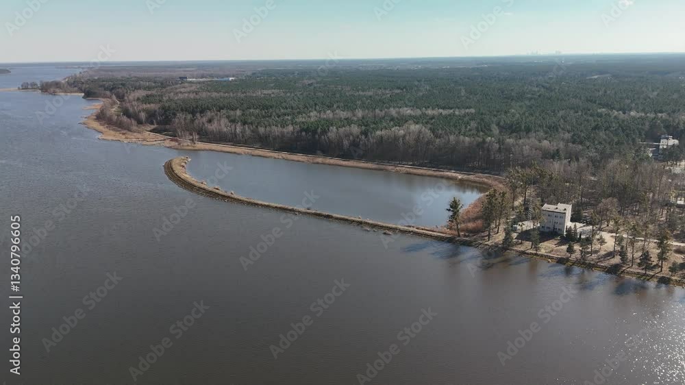 Drone flight over a river with grassland on which some black oxen are running Drone flight over a river with grassland on which some black oxen are running