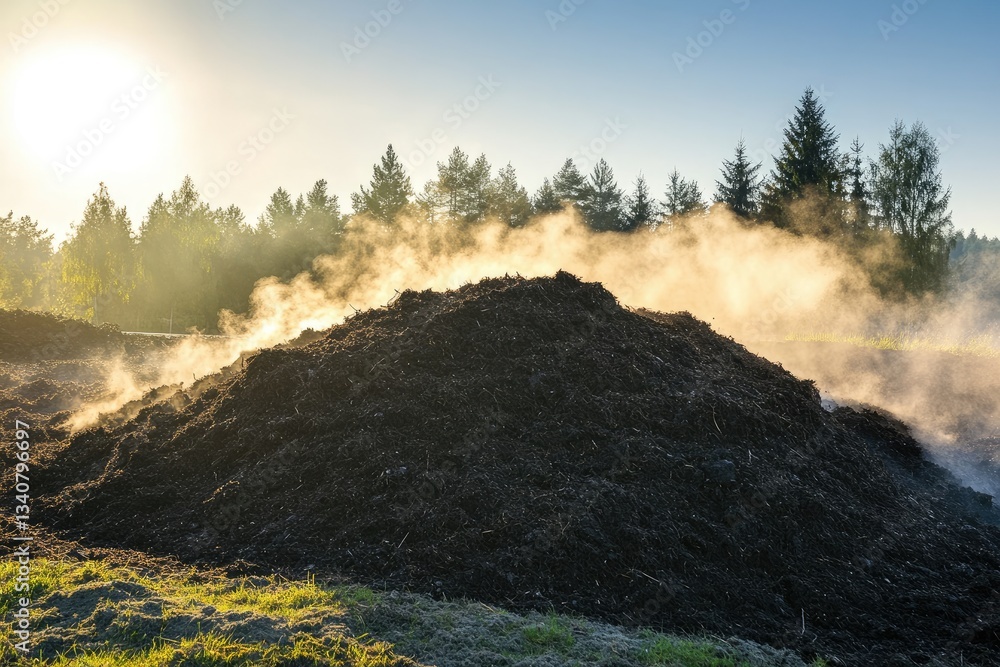 A large compost pile with steam rising in the early morning sunlight