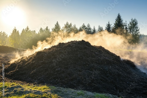 Obraz na płótnie A large compost pile with steam rising in the early morning sunlight w salonie