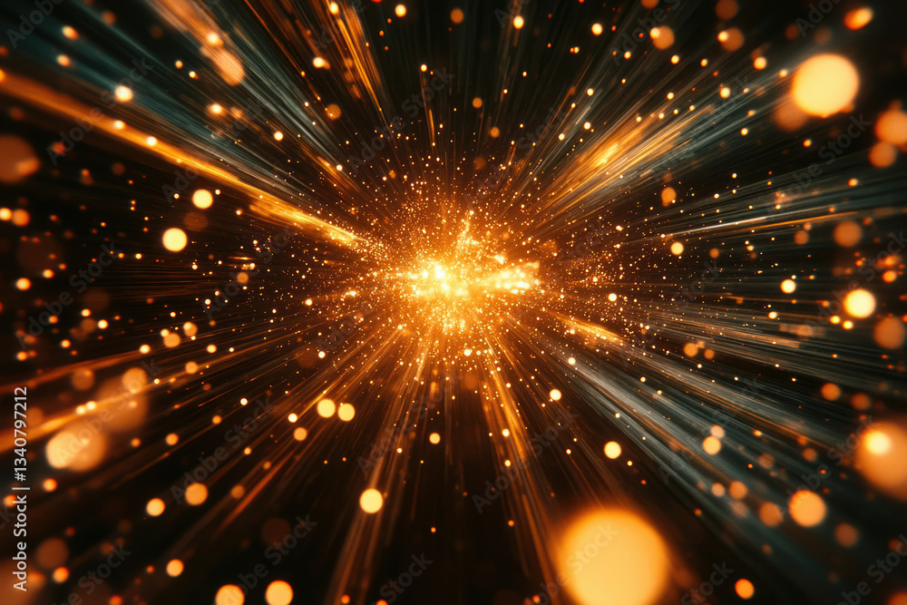 Fototapeta premium A dazzling burst of golden light and particles, radiating outwards in a mesmerizing cosmic explosion.