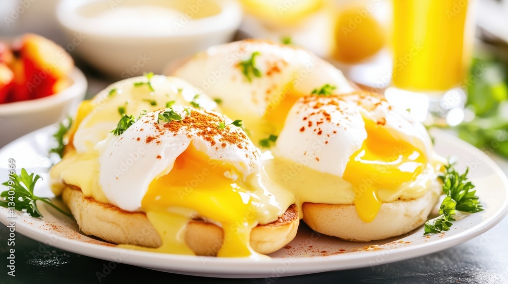 Realistic background of breakfast with eggs Benedict Realistic background of breakfast with eggs Benedict
