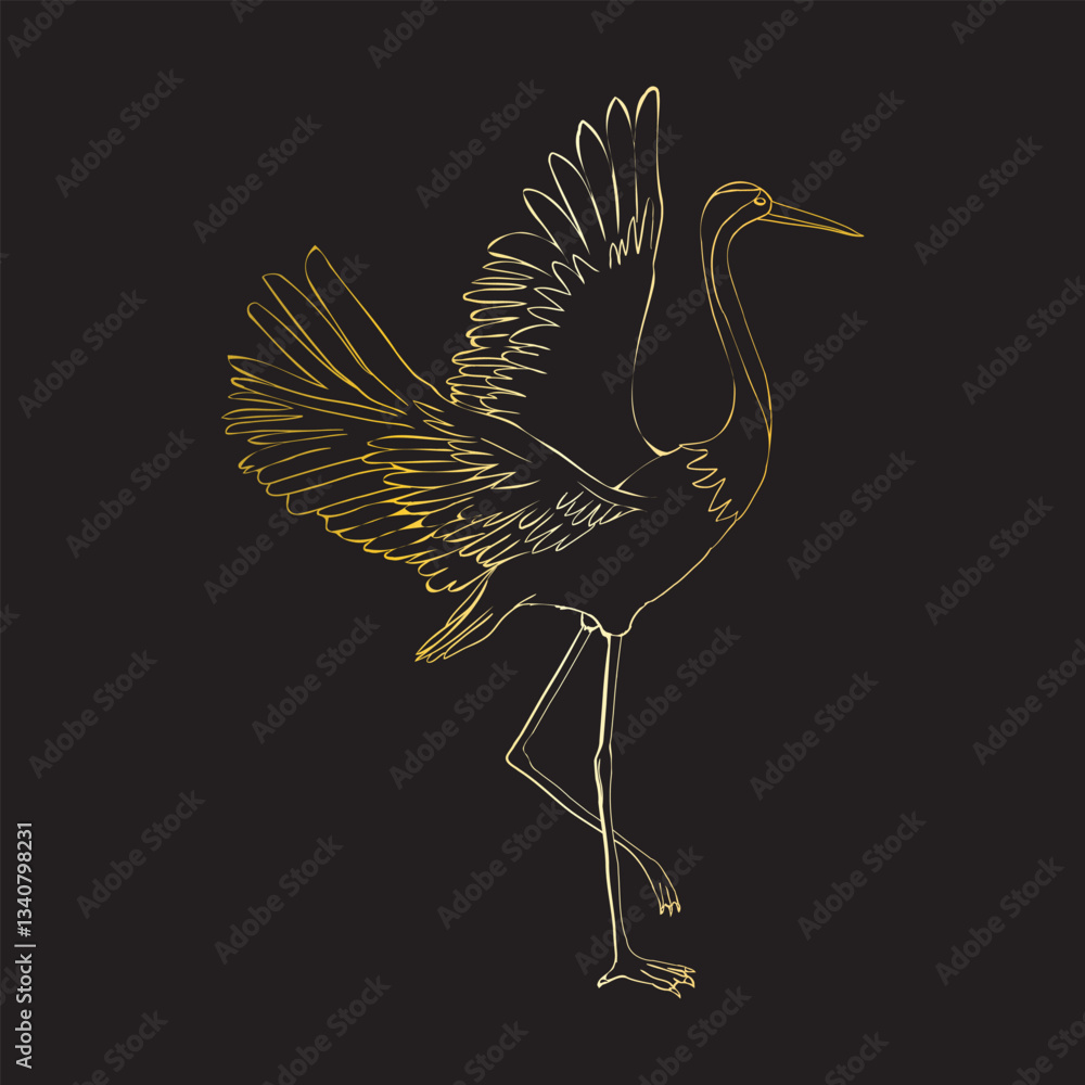 Fototapeta premium An illustration of a crane in flight on a plain black background. The crane is depicted with elegant, elongated wings and a slender body, golden in color.