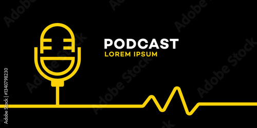 Podcast Graphic Design Yellow Microphone, Audio Waves, Black Background