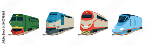 High Speed Train Vessel on Rail in Perspective View Vector Set