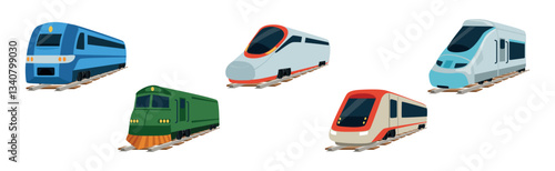 High Speed Train Vessel on Rail in Perspective View Vector Set