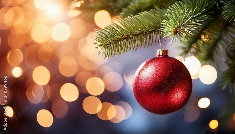 red bauble on christmas tree branch with bokeh lights red bauble on christmas tree branch with bokeh lights