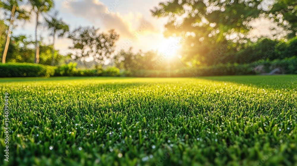 A freshly watered lawn with visible green hues and water droplets on each blade of grass under soft morning sunlight. A freshly watered lawn with visible green hues and water droplets on each blade of grass under soft morning sunlight.