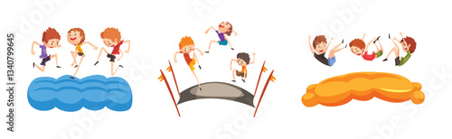 Boy Kid Jumping on Trampoline Bouncing and Having Fun Vector Set