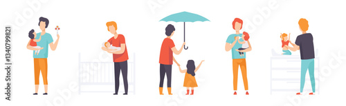 Dad Takes Care and Nursing His Little Kid Vector Set