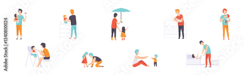 Dad Takes Care and Nursing His Little Kid Vector Set