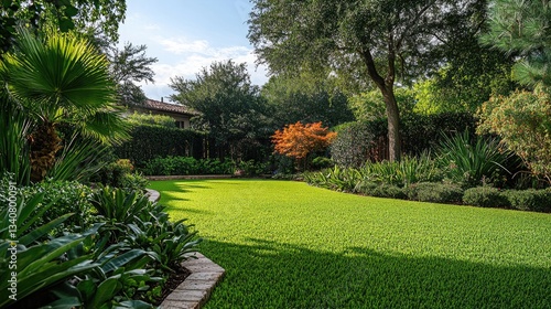 A large green lawn surrounded by low-maintenance plants, a tree, and a small garden bed, all in perfect harmony.
