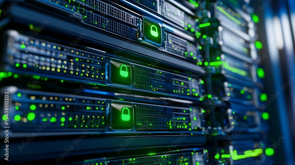 High-Tech Data Center with Server Racks and Security Locks Illuminated by Green LED Lights High-Tech Data Center with Server Racks and Security Locks Illuminated by Green LED Lights