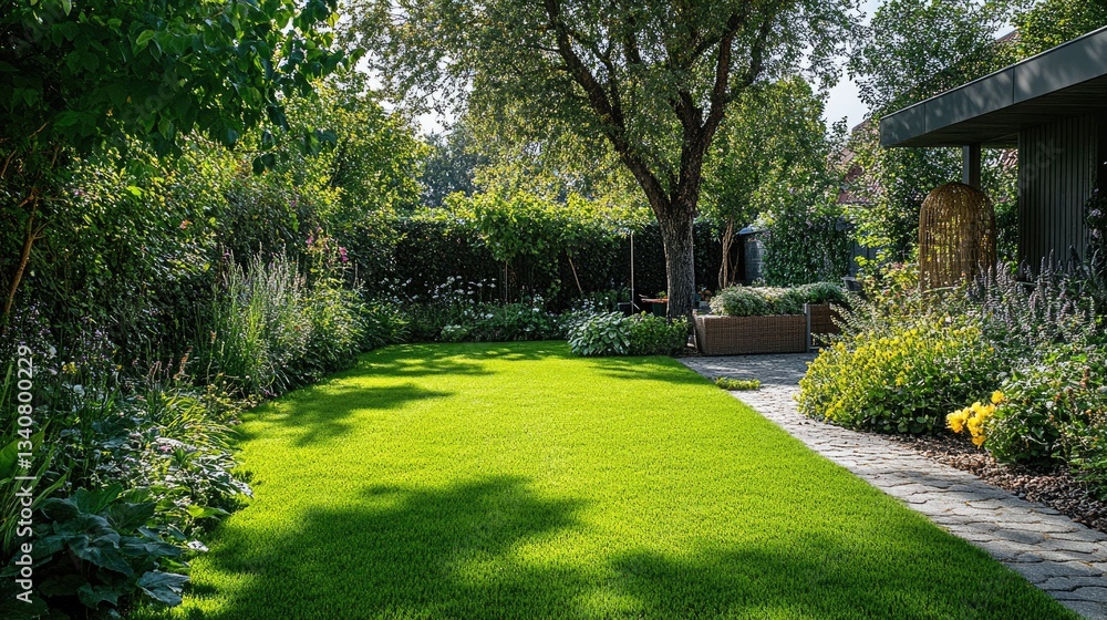 Naklejka premium A large green lawn surrounded by low-maintenance plants, a tree, and a small garden bed, all in perfect harmony.