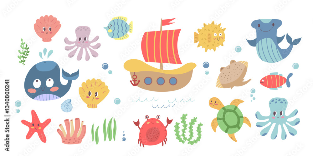 Naklejka premium Hand-drawn marine life clipart set with cute ocean creatures, coral, and seaweed – great for children’s books, stickers, and summer beach party decorations