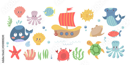 Hand-drawn marine life clipart set with cute ocean creatures, coral, and seaweed – great for children’s books, stickers, and summer beach party decorations