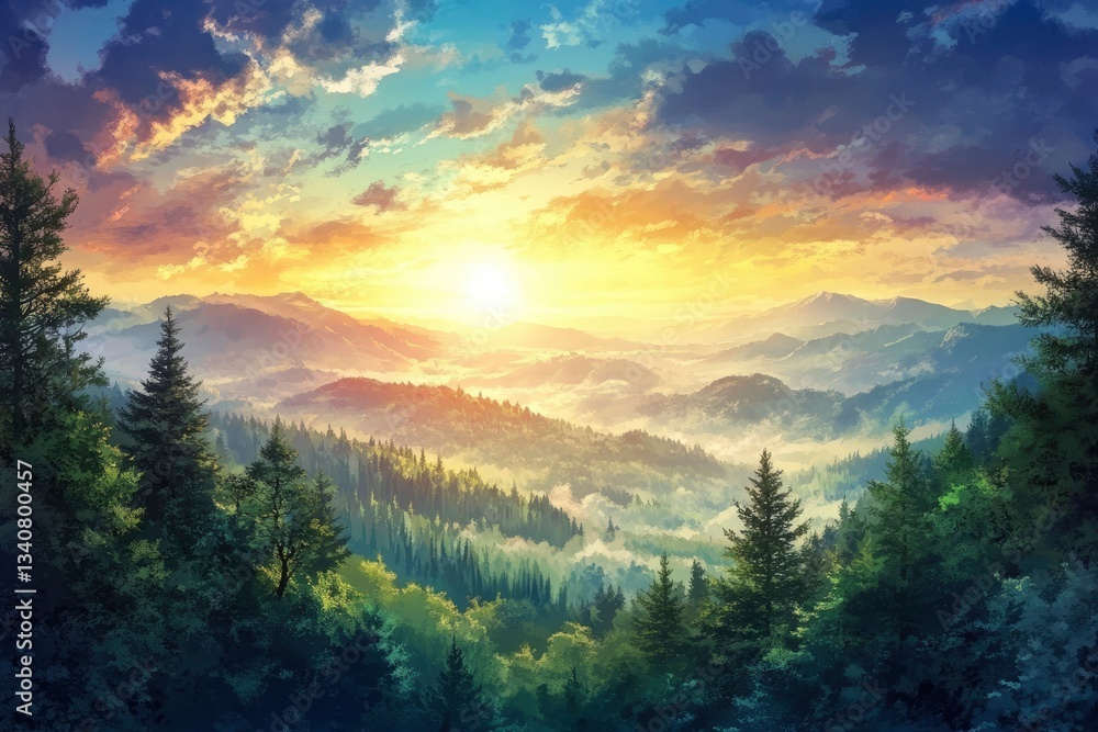 Majestic Mountain Range Sunrise with Pine Forest and Dramatic Sky Art Majestic Mountain Range Sunrise with Pine Forest and Dramatic Sky Art