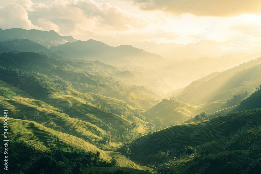 Fototapeta premium Scenic Rice Terraces in Lush Green Mountain Valley at Sunrise