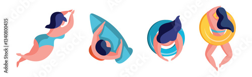 Man and Woman at Beach and Seashore Sunbathing Vector Set