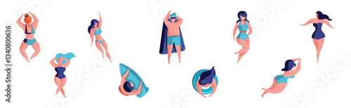 Man and Woman at Beach and Seashore Sunbathing Vector Set