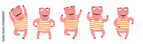 Pink Humanized Pig in Striped Shirt with Mustache in Different Action Vector Set