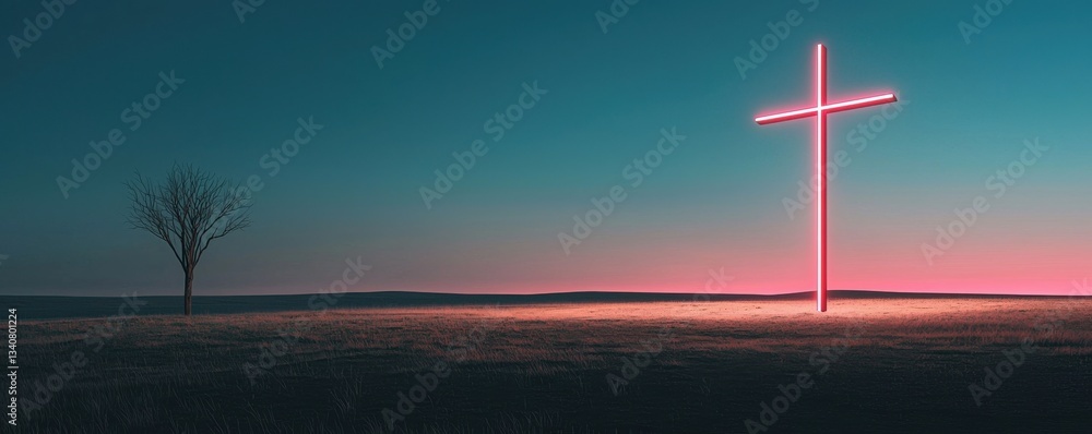 Obraz premium A serene landscape featuring a glowing cross and a lone tree under a twilight sky.