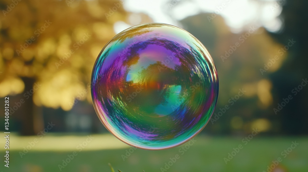 Colorful Soap Bubble Floating in a Sunny Natural Park Setting Colorful Soap Bubble Floating in a Sunny Natural Park Setting