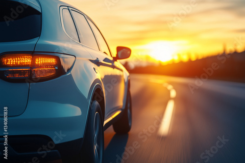 A modern white SUV driving on an open highway at sunset, with the warm golden light reflecting off the sleek body, symbolizing travel.