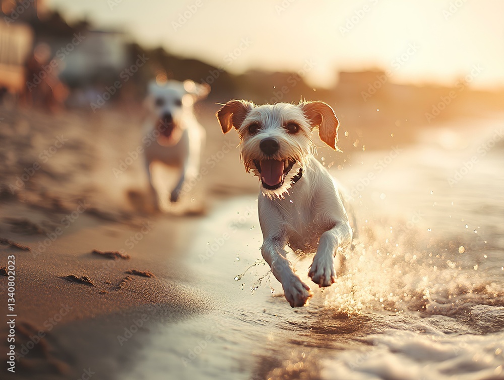 happy dogs playing at the beach in summer splashing in water, afternoon sun