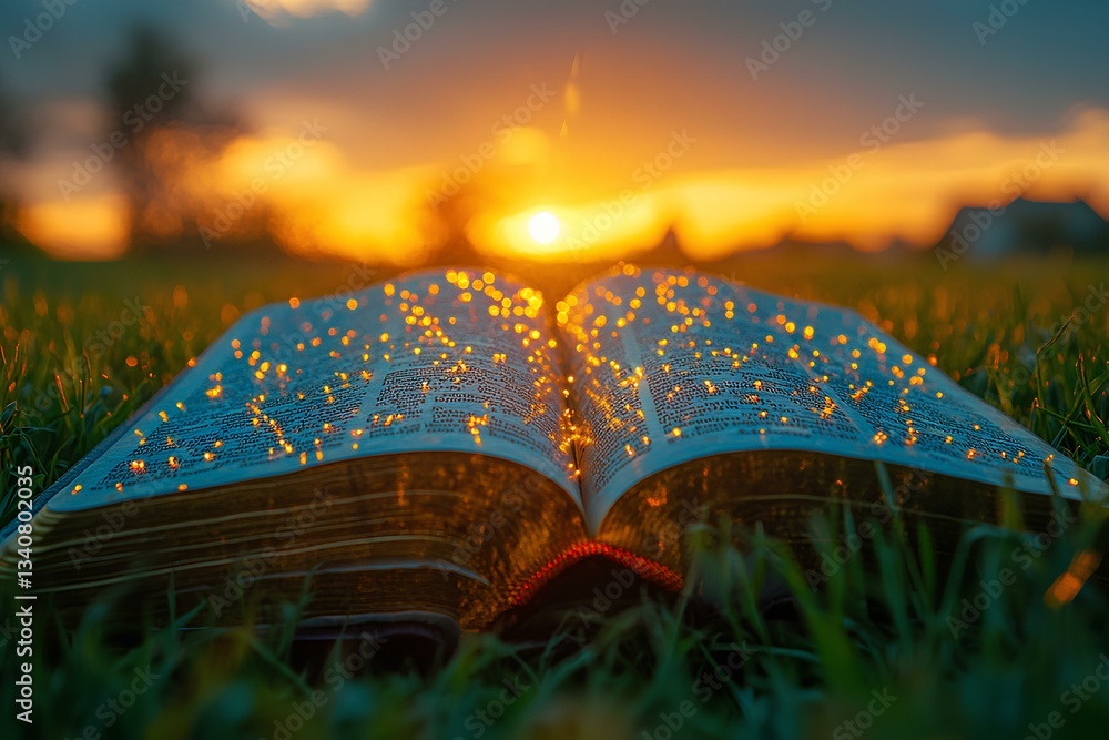 A cross-shaped Bible is open on the grass, with green wheat fields and a sunset in the background