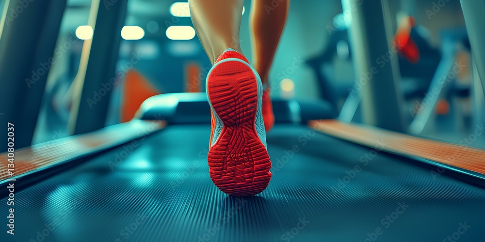 Close-up of a woman's legs in running shoes on a treadmill, with a close-up view from bottom to top and a blurred background.